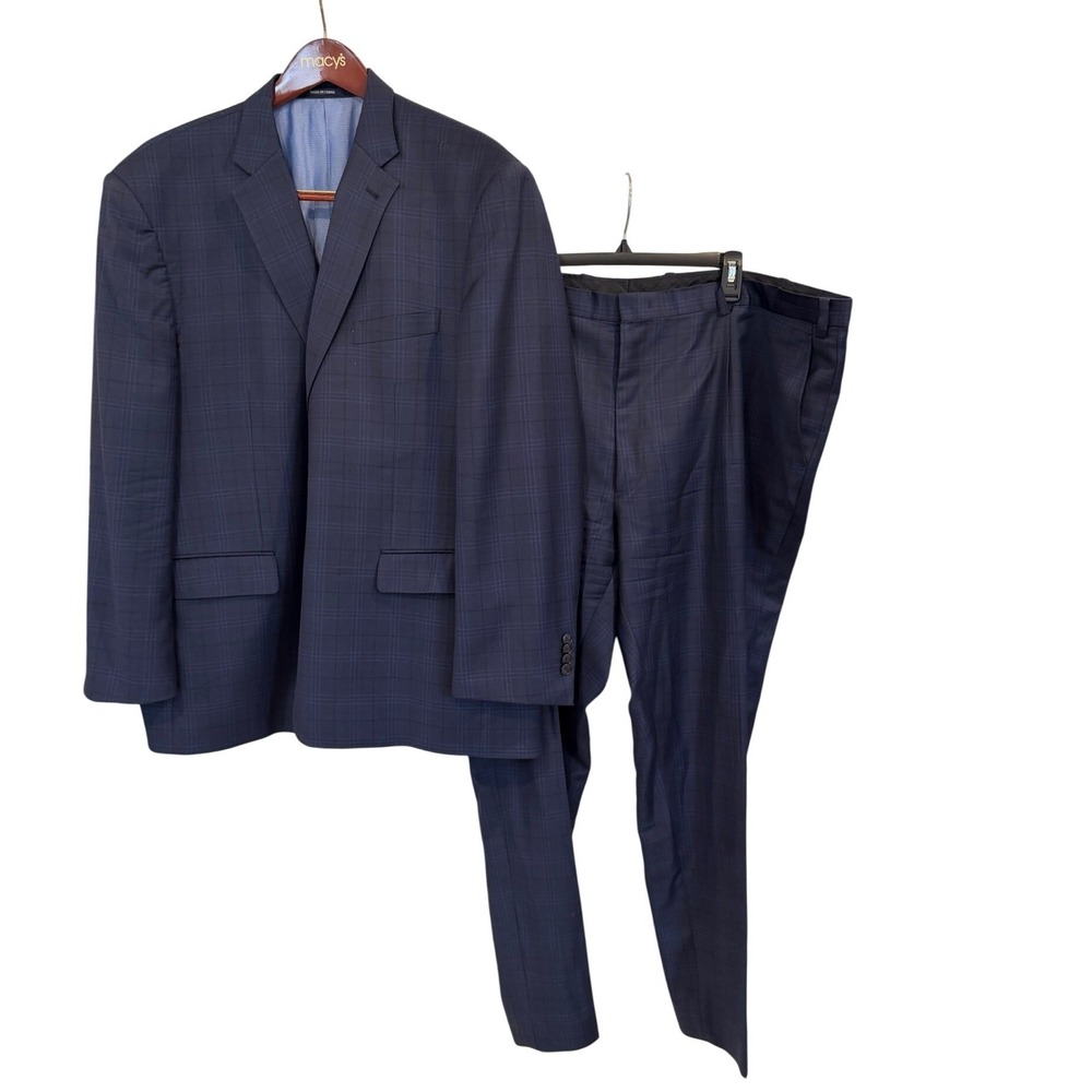 Jos. A. Bank 1905 Navy Blue Plaid 100% Wool 2-Piece Suit Set 48R Jacket 46R Pant